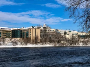 great view across fox river lawrence university downtown appleton wisconsin winter season 206185629